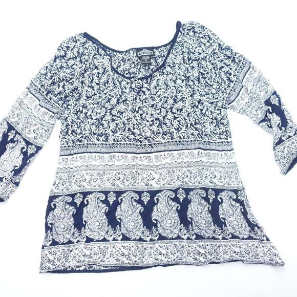Angie Blouse Top Womens Small Blue White Floral Round Neck 3/4 Sleeve Pullover - Picture 1 of 6